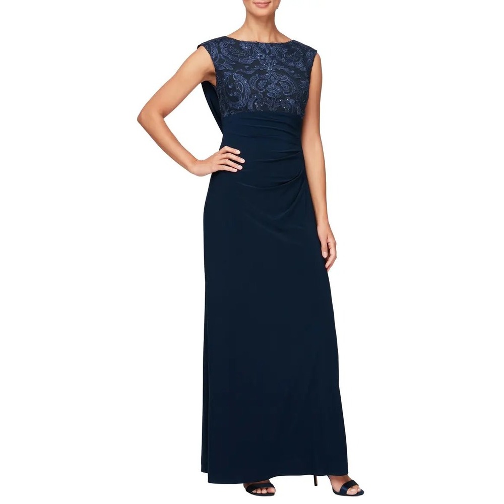 Alex Evenings Navy Blue Lace Sequin Draped Cowl Back Formal Gown Dress 14 NWT
